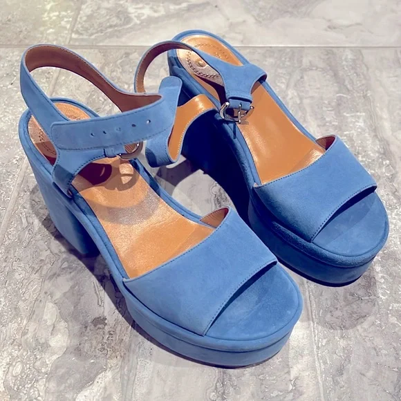 Chloé Odina Blue High Heel Platform Sandals, Size 38 NEW +2 DustBags
